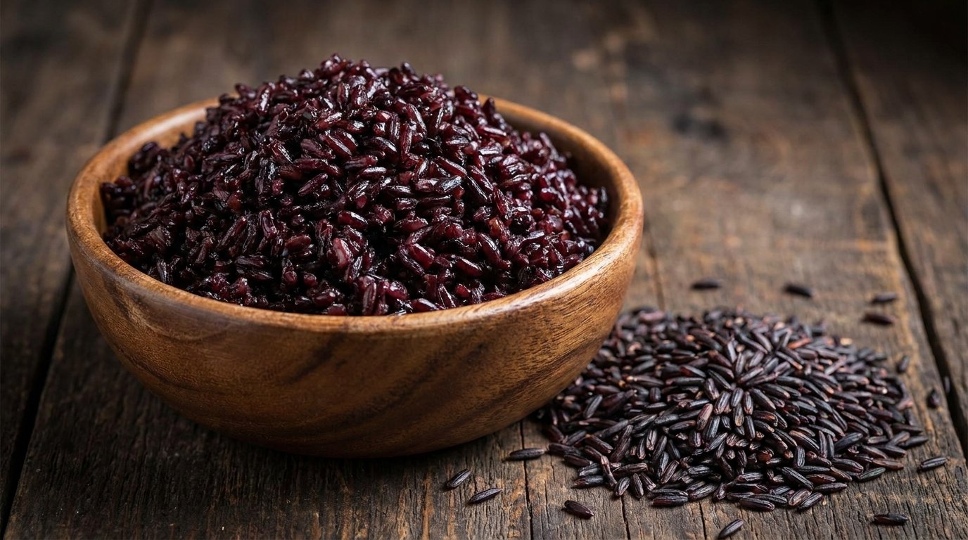 Bowl of creamy black rice pudding, known as Chak Hao Kheer in Manipur