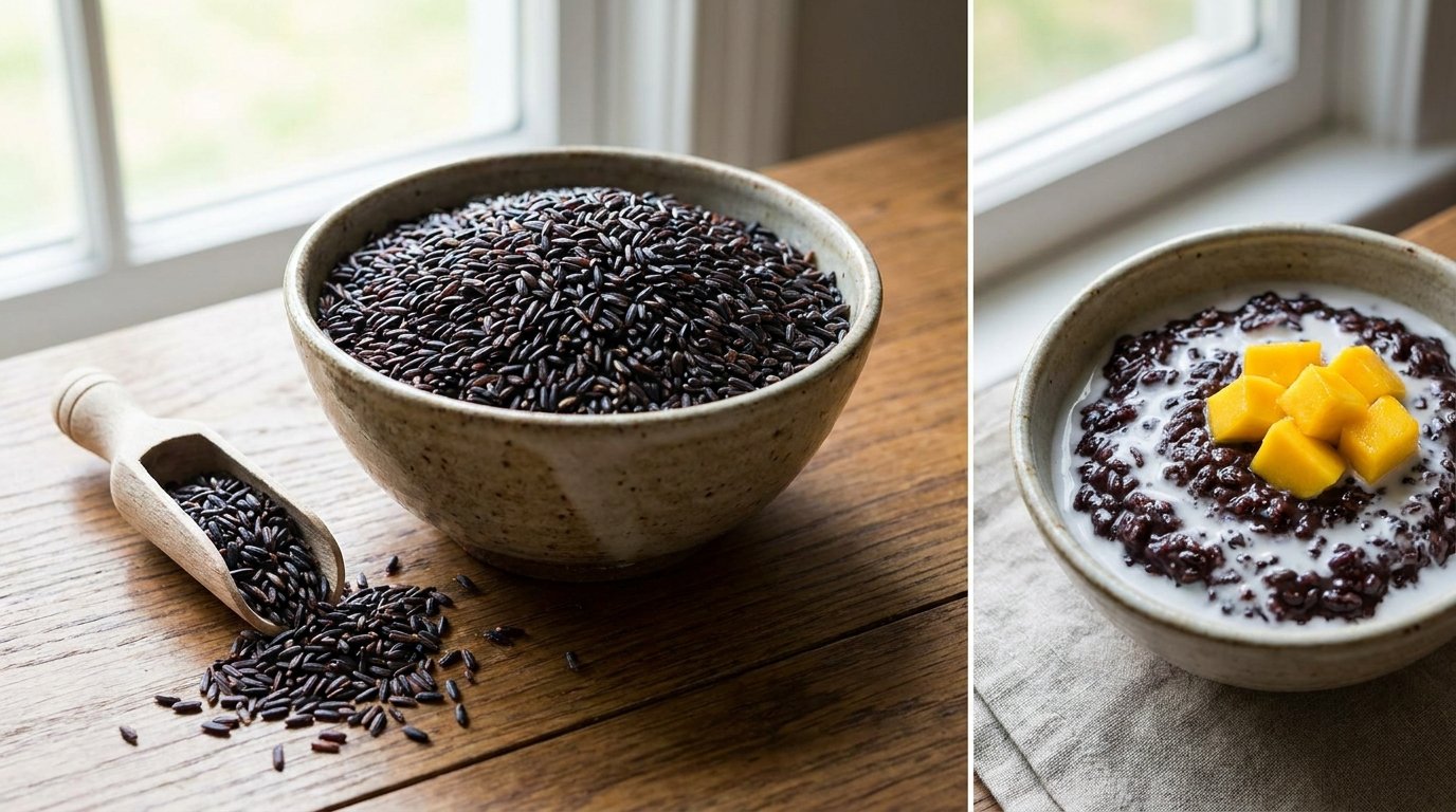 Bowls comparing different black rice varieties from India, with Manipur's Chak-Hao Amubi in front