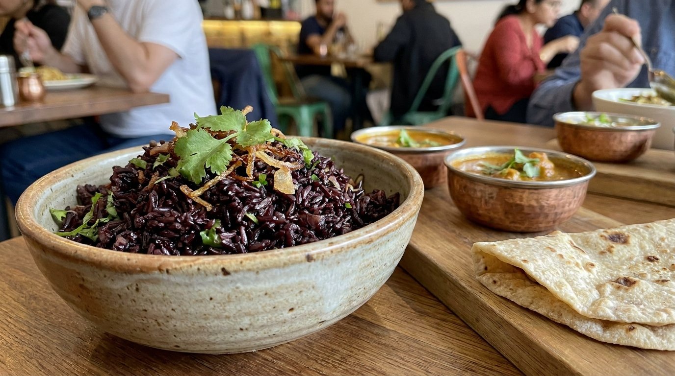 Bowl of Chak-Hao Kheer, the traditional black rice pudding made from antioxidant-rich Manipur black rice
