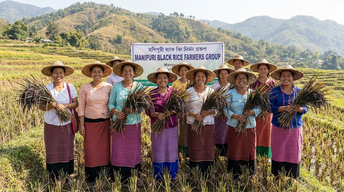 Close-up of Manipur black rice (Chak-Hao) grains showing their deep purple-black colour